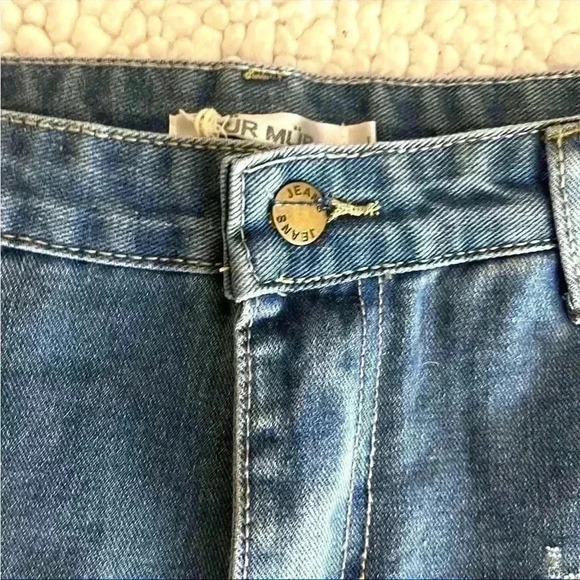 NWT Mur Mur Highrise Med Wash Distress Webbed Cuffed Denim Jean Shorts Size L - Picture 7 of 12